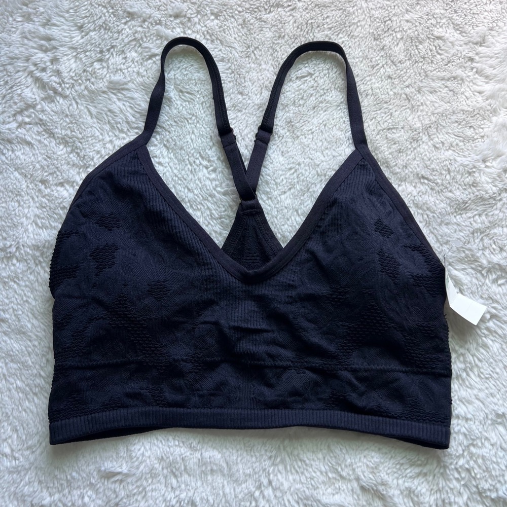 Aerie Women Black Floral Jacquard Seamless V-Neck Y-Back Bralette Size Small NWT